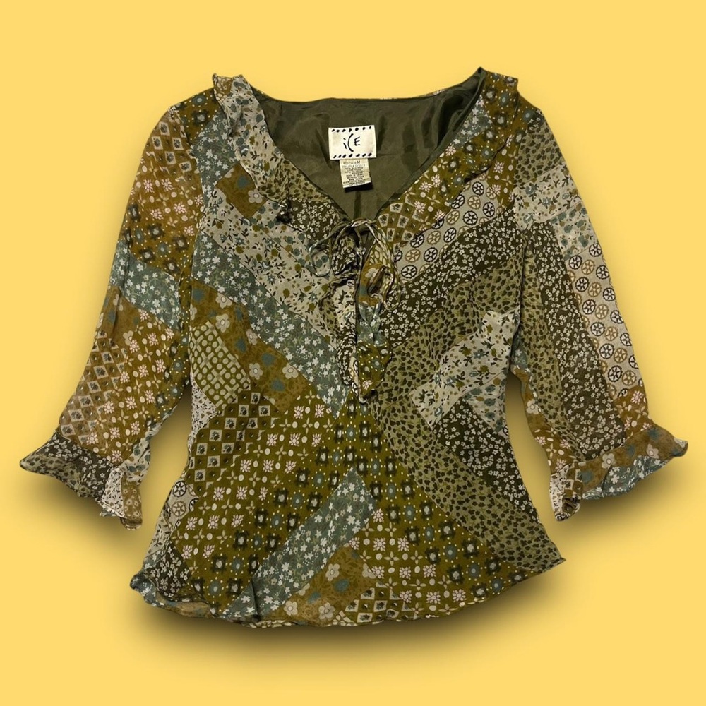 Vintage Silk Floral Patchwork Peasant Top Size Medium 90s Boho Cottagecore